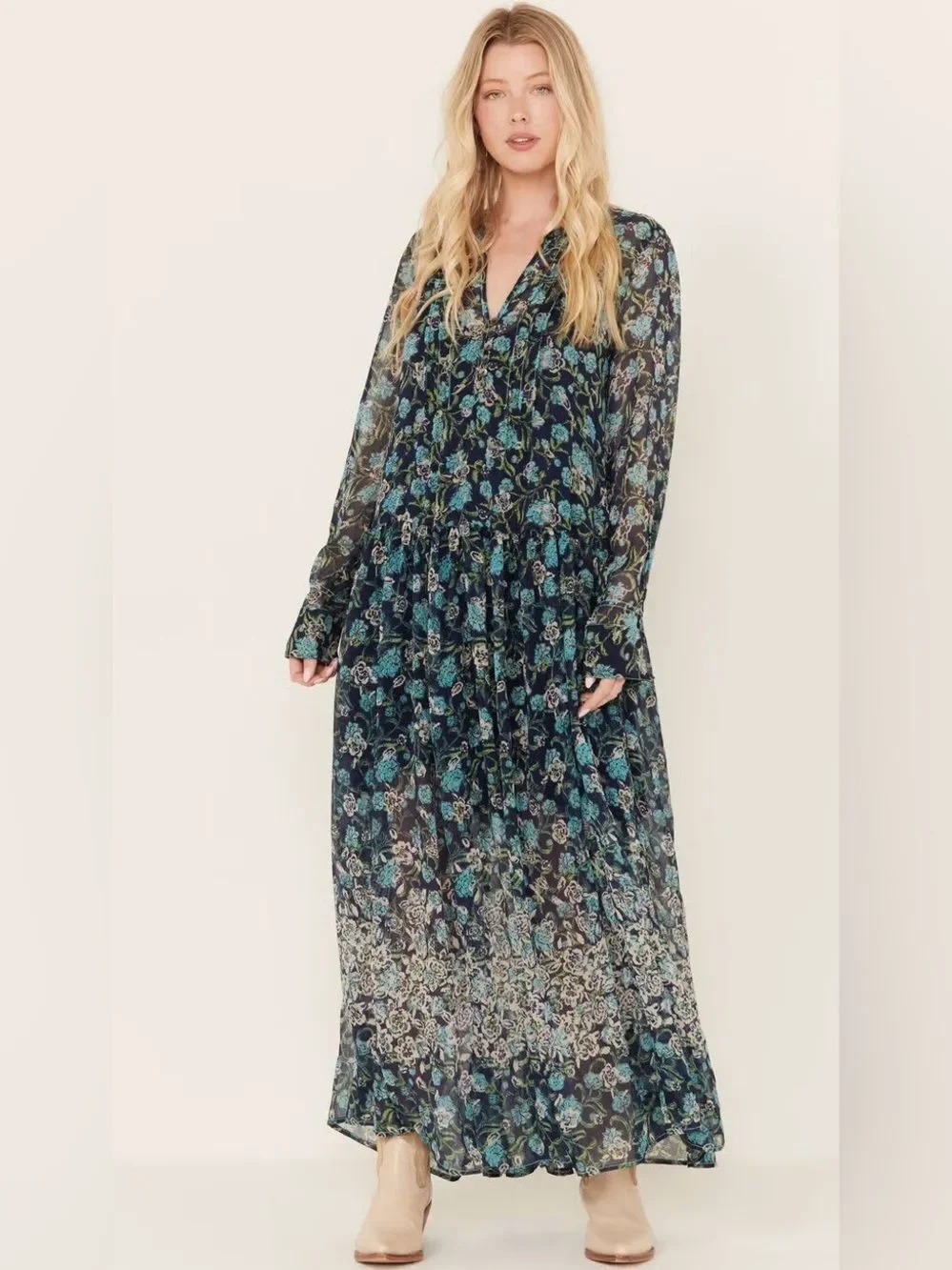 Free People Navy Blue Floral Boho Maxi Dress XS Cottagecore Festival Midi Maxi
